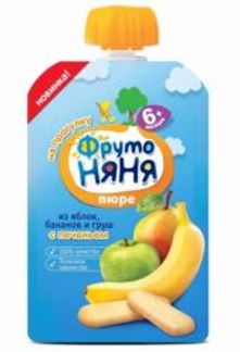 ФРУТОНЯНЯ пюре Яблоко/Банан/Груша/Печенье 6+ 90г мягкая упаковка Прогресс