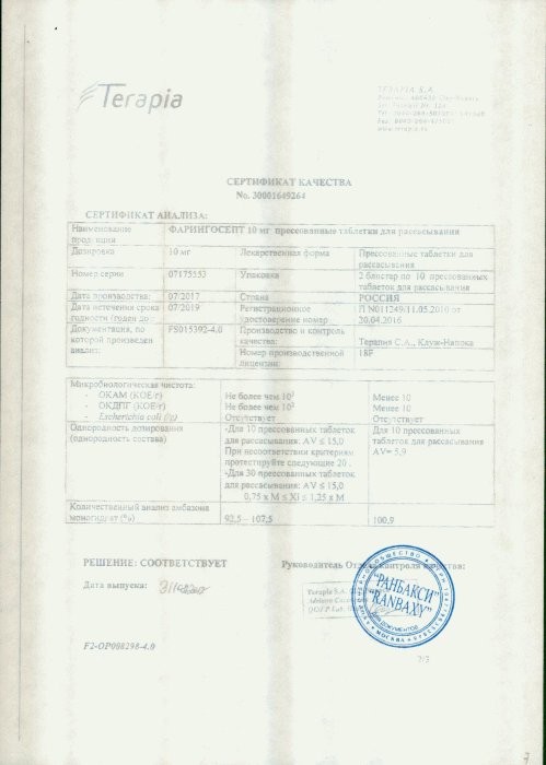 Сертификаты Фарингосепт