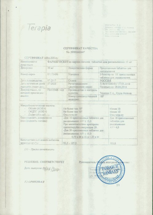 Сертификаты Фарингосепт