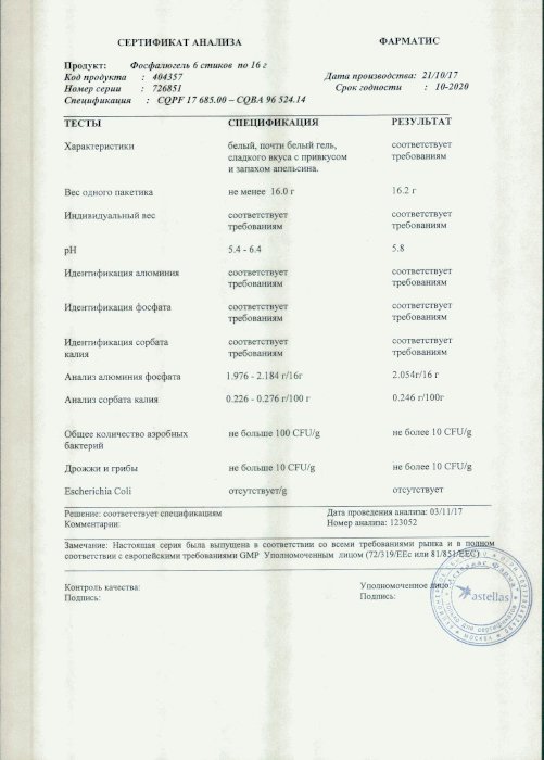 Сертификаты Фосфалюгель
