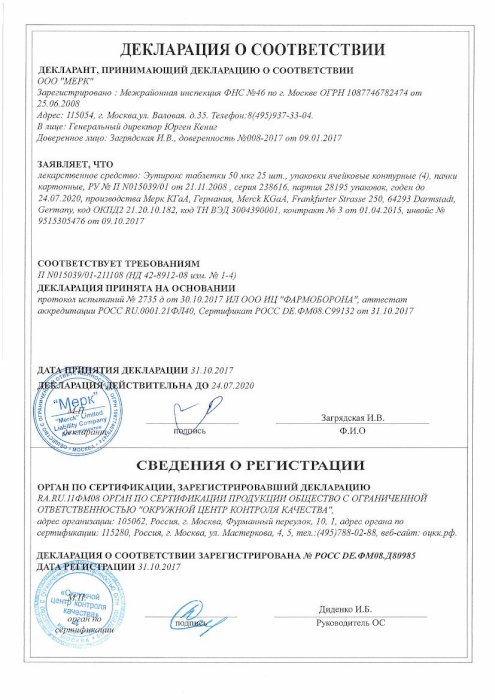 Сертификаты Эутирокс