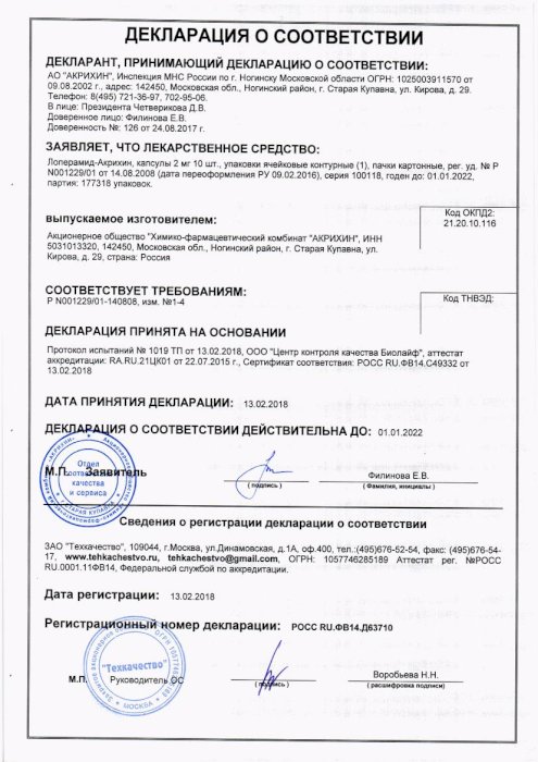 Сертификаты Лоперамид-акрихин
