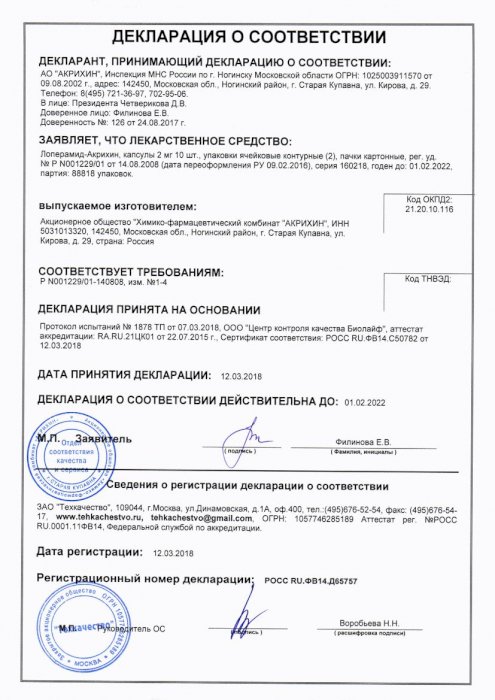 Сертификаты Лоперамид-акрихин